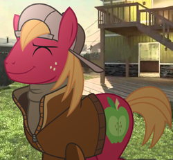 Size: 1024x947 | Tagged: safe, edit, imported from derpibooru, big macintosh, earth pony, pony, backwards ballcap, baseball cap, black ops, call of duty, call of duty: black ops, cap, clothes, eyes closed, hat, jacket, male, nuketown, smiling, stallion, varsity jacket