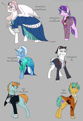 Size: 1313x1914 | Tagged: safe, artist:stuflox, imported from derpibooru, double diamond, snails, snips, starlight glimmer, trixie, pony, alexei orlov, catherine the great, clothes, count orlov, dress, female, half r63 shipping, male, older, princes elizabeth, raised hoof, reference sheet, rule 63, shipping, startrix, stellar gleam, straight, trixgleam, trixie's fans