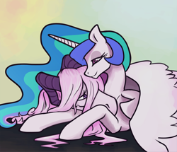 Size: 1636x1410 | Tagged: safe, artist:jykinturah, imported from derpibooru, fleur-de-lis, princess celestia, alicorn, dragon, pony, dragonified, female, fleurestia, gradient background, interspecies, lesbian, lidded eyes, looking at each other, shipping, species swap