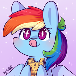 Size: 1024x1024 | Tagged: dead source, safe, artist:dsp2003, imported from derpibooru, rainbow dash, pegasus, pony, big ears, bipedal, blushing, chibi, cute, daaaaaaaaaaaw, dashabetes, dsp2003 is trying to murder us, eating, featured image, female, food, hnnng, hoof hold, licking, licking lips, mare, mlem, pink background, simple background, smiling, solo, sparkles, spread wings, starry eyes, style emulation, sugar wafers, sweet dreams fuel, tongue out, wafer, wafer vs waffle debate in the comments, waffle, weapons-grade cute, wingding eyes, wings