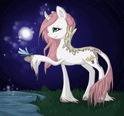 Size: 1099x1035 | Tagged: safe, artist:violentdreamsofmine, imported from derpibooru, oc, oc only, oc:twin lily, dragonfly, pony, female, leonine tail, mare, night, solo, unshorn fetlocks