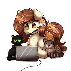 Size: 1000x1000 | Tagged: safe, artist:confetticakez, imported from derpibooru, oc, oc only, oc:raven sun, cat, earth pony, pony, computer, female, laptop computer, lying down, mare, pet, solo