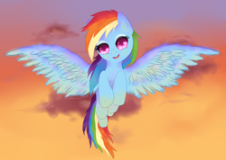 Size: 1600x1138 | Tagged: safe, artist:agletka, imported from derpibooru, rainbow dash, pegasus, pony, female, flying, heart eyes, mare, solo, spread wings, starry eyes, wingding eyes, wings