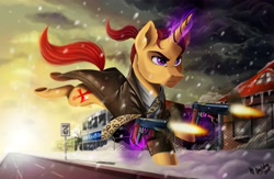 Size: 2560x1664 | Tagged: safe, artist:das_leben, imported from derpibooru, oc, oc only, pony, unicorn, clothes, crossover, dual wield, glowing horn, gun, handgun, houses, m1911, male, max payne, muzzle flash, necktie, pistol, road, solo, stallion, weapon, winter