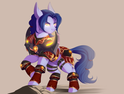 Size: 1280x976 | Tagged: safe, artist:evehly, imported from derpibooru, oc, oc only, oc:madkelevra, earth pony, pony, armor, commission, glowing eyes, male, raised hoof, simple background, solo, stallion, warcraft, world of warcraft