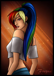 Size: 800x1119 | Tagged: safe, artist:frojna, imported from derpibooru, rainbow dash, human, alternate hairstyle, clothes, ear piercing, earring, female, humanized, jewelry, light skin, lipstick, piercing, ponytail, solo