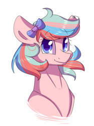 Size: 1772x2369 | Tagged: safe, artist:soundwavepie, imported from derpibooru, oc, oc only, oc:cherie, earth pony, pony, bow, bust, colored pupils, female, hair bow, looking at you, mare, portrait, simple background, smiling, solo, white background