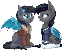 Size: 1270x1012 | Tagged: safe, artist:thegamblehorse, imported from derpibooru, oc, oc only, oc:moonlitti dusk, oc:seachell, bat pony, pony, bomber jacket, clothes, female, jacket, looking at each other, mare, simple background, sitting, smiling, socks, tongue out, transparent background