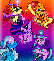 Size: 1700x1920 | Tagged: safe, artist:andromedasparkz, imported from derpibooru, moondancer, starlight glimmer, sunset shimmer, trixie, twilight sparkle, alicorn, pony, unicorn, abstract background, counterparts, cutie mark, female, g4, glasses, happy, magic, magical quintet, mare, smiling, twilight's counterparts