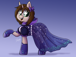 Size: 1280x964 | Tagged: safe, artist:wiggles, imported from derpibooru, oc, oc only, oc:ryleigh, pony, unicorn, bow, chuck taylor, clothes, commission, converse, dress, female, mare, over the moon, shoes, solo