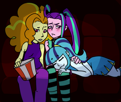 Size: 1280x1083 | Tagged: safe, artist:/d/non, imported from derpibooru, adagio dazzle, aria blaze, sonata dusk, equestria girls, rainbow rocks, 30 minute art challenge, adaria, arisona, blushing, cinema, cute, female, food, lesbian, looking at you, polyamory, polydazzlings, popcorn, shipping, sleeping, sonagio, sonatabetes, the dazzlings