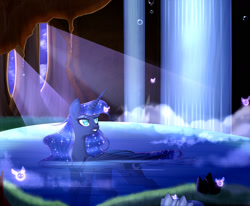 Size: 1700x1400 | Tagged: safe, artist:clefficia, imported from derpibooru, princess luna, alicorn, pony, female, jewelry, mare, missing accessory, moonlight, outdoors, regalia, relaxing, smiling, solo, swimming, water, waterfall