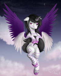 Size: 1000x1250 | Tagged: safe, artist:the1xeno1, imported from derpibooru, oc, oc only, alicorn, pony, alicorn oc, cloud, crescent moon, female, flying, mare, moon, multiple wings, sky, solo, spread wings, wings