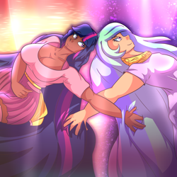 Size: 1700x1700 | Tagged: safe, artist:marshbreeze, imported from derpibooru, princess celestia, twilight sparkle, human, breasts, busty twilight sparkle, dark skin, female, humanized, lesbian, long hair, shipping, twilestia