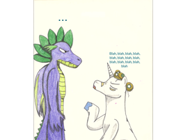 Size: 920x739 | Tagged: safe, artist:songarri0125, imported from derpibooru, prince blueblood, spike, dragon, pony, unicorn, annoyed, blah, duo, friendship, older, older spike, traditional art, winged spike, wings
