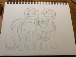 Size: 1024x765 | Tagged: safe, artist:bakumaru01, imported from derpibooru, trixie, twilight sparkle, alicorn, pony, blushing, female, holding hooves, lesbian, shipping, sketch, traditional art, twilight sparkle (alicorn), twixie