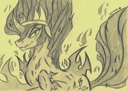 Size: 2255x1606 | Tagged: safe, artist:rossmaniteanzu, imported from derpibooru, king sombra, pony, fire, male, shadows, slit eyes, slit pupils, smiling, smirk, solo, traditional art