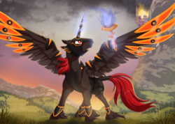 Size: 1024x731 | Tagged: safe, artist:dvixie, deleted from derpibooru, imported from derpibooru, oc, oc only, oc:khaoios, pony, armor, canterlot, commission, fire, scenery, solo, spread wings, torch, unshorn fetlocks, wings