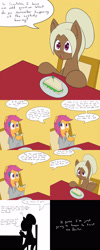 Size: 1600x4000 | Tagged: safe, artist:jake heritagu, imported from derpibooru, scootaloo, oc, oc:sandy hooves, pony, comic:ask motherly scootaloo, chair, comic, food, hairpin, motherly scootaloo, plate, sandwich, silhouette, sweatshirt, table