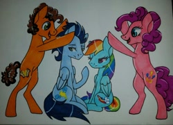 Size: 1024x737 | Tagged: safe, artist:bleedingwings12, imported from derpibooru, cheese sandwich, pinkie pie, rainbow dash, soarin', pony, cheesepie, double date, female, male, shipping, soarindash, straight, traditional art