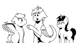 Size: 1220x668 | Tagged: safe, artist:littletigressda, artist:moonlightfan, imported from derpibooru, oc, oc only, kirin, original species, pegasus, pony, unicorn, black and white, blushing, female, grayscale, lineart, male, mare, monochrome, pomf, rule 63, spread wings, stallion, wingboner, wings