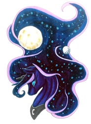 Size: 1024x1383 | Tagged: safe, artist:oneiria-fylakas, imported from derpibooru, princess luna, pony, bust, female, galaxy mane, moon, portrait, solo, traditional art