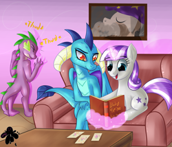 Size: 3500x3000 | Tagged: safe, artist:katakiuchi4u, imported from derpibooru, princess ember, spike, twilight velvet, dragon, pony, unicorn, baby picture, baby pictures, book, commission, couch, dragoness, embarrassed, emberspike, eyes closed, female, levitation, magic, male, mare, mother and son, mothers gonna mother, older, older spike, picture, shipping, sitting, smiling, spike's family, straight, telekinesis, thud, trio, yearbook, yearbook photo