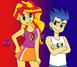 Size: 1024x892 | Tagged: safe, artist:resotii, artist:stella-exquisa, imported from derpibooru, flash sentry, sunset shimmer, human, equestria girls, female, flashimmer, humanized, male, shipping, shipping fuel, straight