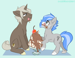 Size: 1372x1064 | Tagged: safe, artist:shamrockpony, imported from derpibooru, oc, oc only, oc:frozen mudslide, oc:silver shaper, earth pony, pony, unicorn, cherry, chocolate, colt, duo, duo male, food, ice cream, male, silverslide, stallion, sundae, tongue out