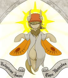 Size: 1228x1409 | Tagged: safe, artist:codras, imported from derpibooru, oc, oc only, oc:lamp, mothpony, original species, arch, clothes, floating, halo, hat, lampshade, lampshade hat, robe, scroll, simple background, solo