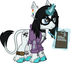 Size: 1104x984 | Tagged: safe, artist:lightningbolt, derpibooru exclusive, imported from derpibooru, oc, oc only, oc:silent suture, classical unicorn, pony, unicorn, .svg available, bring me the horizon, cheek fluff, chest fluff, choker, clipboard, clothes, cloven hooves, curved horn, dock, dock piercing, drop dead clothing, ear fluff, ear piercing, earring, emo, glasses, glowing horn, hair over one eye, hoodie, hoof fluff, jewelry, keychain, leonine tail, lip piercing, male, mute, necklace, paper, pen, piercing, pulled up sleeve, rainbow, safety pin, scar, show accurate, simple background, smiling, solo, stallion, sticker, stitches, svg, tail fluff, tattoo, transparent background, unshorn fetlocks, unzipped, vector, wristband, zipper