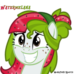 Size: 809x809 | Tagged: safe, artist:monkfishyadopts, imported from derpibooru, oc, oc only, oc:watermelana, pony, awkward smile, base used, bust, freckles, headband, melon, portrait, simple background, smiling, solo, transparent background