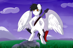 Size: 1500x1000 | Tagged: safe, artist:tigra0118, imported from derpibooru, oc, oc only, pegasus, pony, bipedal, colored pupils, guitar, male, solo, spread wings, stallion, wings