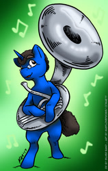 Size: 757x1200 | Tagged: safe, artist:kaemantis, imported from derpibooru, oc, oc only, oc:silver band, pony, unicorn, commission, glasses, male, musical instrument, smiling, solo, sousaphone, stallion