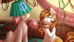 Size: 4000x2250 | Tagged: safe, artist:sugaryviolet, imported from derpibooru, oc, oc only, oc:intrepid charm, oc:raven, earth pony, pony, unicorn, absurd resolution, banner, birthday, birthday party, cinnamon bun, confetti, female, food, lampshade, male, mare, mess, party, stallion