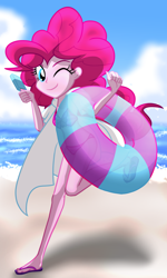 Size: 2400x4000 | Tagged: safe, artist:geraritydevillefort, imported from derpibooru, pinkie pie, equestria girls, absurd resolution, beach, bikini, clothes, cloud, feet, female, flip-flops, food, inflatable, looking at you, one eye closed, open clothes, popsicle, sandals, sky, smiling, smiling at you, solo, swimsuit, water, wink, winking at you