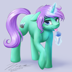 Size: 1024x1024 | Tagged: safe, artist:novaintellus, imported from derpibooru, oc, oc only, oc:glacial glow, pony, blue eyes, cute, female, green coat, looking at you, mare, purple mane, snow cone, snowcone, solo, tongue out