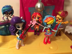 Size: 4032x3024 | Tagged: safe, artist:crazybeast, imported from derpibooru, applejack, dj pon-3, rainbow dash, rarity, sunset shimmer, vinyl scratch, equestria girls, dance floor, disco ball, doll, equestria girls minis, eqventures of the minis, guitar, irl, photo, toy, turntable