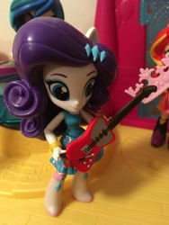 Size: 4032x3024 | Tagged: safe, artist:crazybeast, imported from derpibooru, dj pon-3, rarity, sunset shimmer, vinyl scratch, equestria girls, dance floor, doll, equestria girls minis, eqventures of the minis, guitar, guitarity, irl, jamming out, musical instrument, photo, toy