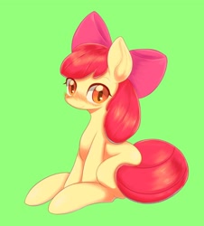 Size: 1852x2048 | Tagged: safe, artist:91o42, imported from derpibooru, apple bloom, earth pony, pony, apple bloom's bow, blushing, bow, cute, female, filly, hair bow, looking at you, simple background, sitting, solo