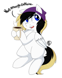 Size: 1200x1500 | Tagged: safe, artist:notenoughapples, imported from derpibooru, oc, oc only, oc:rory gigabyte, pegasus, pony, coffee, commission, dialogue, male, simple background, solo, stallion