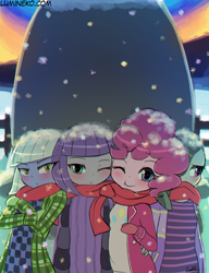 Size: 750x977 | Tagged: safe, artist:lumineko, imported from derpibooru, limestone pie, marble pie, maud pie, pinkie pie, equestria girls, blushing, clothes, cold, holder's boulder, jacket, looking at you, one eye closed, pie sisters, scarf, shared clothing, shared scarf, siblings, sisters, smiling, snow, wink