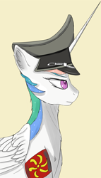 Size: 1000x1750 | Tagged: safe, artist:evil-spider, imported from derpibooru, princess celestia, alicorn, pony, armband, bust, colored pupils, ear fluff, female, hat, mare, peaked cap, profile, simple background, solo