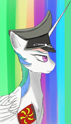 Size: 1000x1750 | Tagged: safe, artist:evil-spider, imported from derpibooru, princess celestia, alicorn, pony, armband, bust, colored pupils, ear fluff, female, hat, mare, national socialist german workers' party, nazi, peaked cap, profile, solo