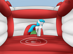 Size: 3099x2302 | Tagged: safe, artist:the-furry-railfan, imported from derpibooru, oc, oc only, oc:minty candy, pony, unicorn, bouncing, bouncy castle, cute, glasses, grin, happy, inflatable, pronking, smiling, target, this will end in balloons