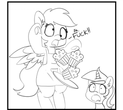 Size: 1280x1149 | Tagged: safe, artist:pabbley, imported from derpibooru, derpy hooves, pegasus, pony, unicorn, 30 minute art challenge, food, monochrome, muffin, tray, vulgar