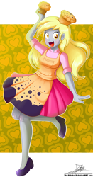 Size: 1104x2110 | Tagged: safe, artist:the-butch-x, imported from derpibooru, derpy hooves, equestria girls, background human, clothes, commission, dress, female, food, muffin, open mouth, raised leg, signature, solo