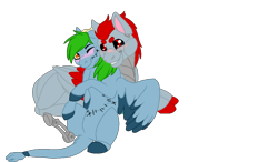 Size: 1024x600 | Tagged: safe, artist:mlplover1987, imported from derpibooru, oc, oc only, oc:descent, oc:di red, pony, robot, amputee, blushing, colored wings, colored wingtips, digital art, discent, four eyes, gay, gift art, hell hand, horns, male, oc x oc, one eye closed, prosthetic limb, prosthetics, shipping, simple background, smiling, smirk, stitches, tail hand, transparent background, unshorn fetlocks