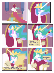 Size: 1024x1391 | Tagged: safe, artist:forderly, imported from derpibooru, princess celestia, twilight sparkle, comic, female, food, funny, implied twilight sparkle, lesbian, letter, magic, misspelling, shipping, tea, telekinesis, text, twilestia