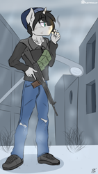 Size: 422x750 | Tagged: safe, artist:fleet-wing, imported from derpibooru, oc, oc only, oc:jack rabbit, anthro, cigarette, clothes, gun, h&k g3, sketch, smoking, solo, weapon